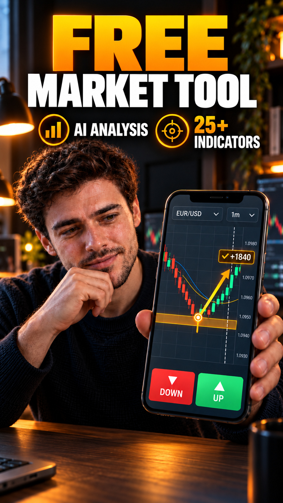 Free AI market tool showing a live EUR/USD chart with 25+ indicators